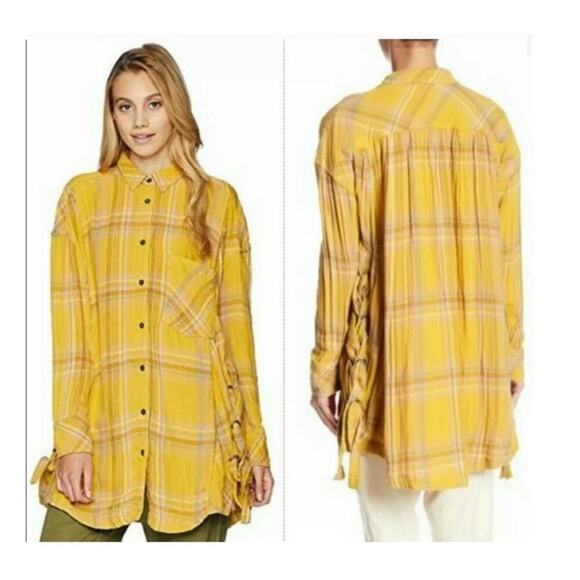 Free People Nordic Day Plaid Long Sleeve Button Down Shirt Tunic M Side Ties - Picture 1 of 15